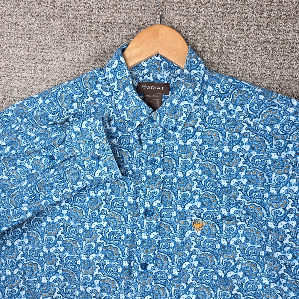 Ariat Mens L-Tall Blue Paisley Long Sleeve Button Down Western Shirt Large Tall